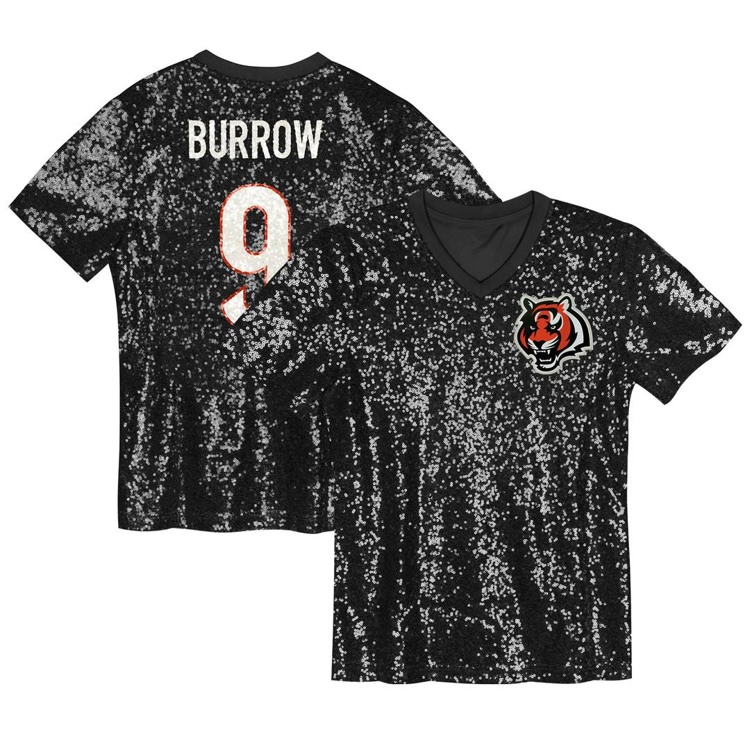 Joe Burrow Cincinnati Bengals Girls Youth Sequin V-Neck Fashion Jersey - Black