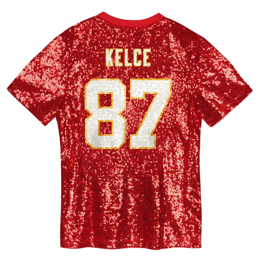 Travis Kelce Kansas City Chiefs Girls Youth Sequin V-Neck Fashion Jersey - Red