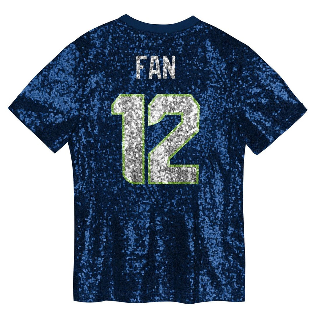 12 Fan Seattle Seahawks Girls Youth Sequin V-Neck Fashion Jersey - College Navy
