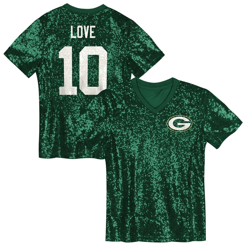 Jordan Love Green Bay Packers Girls Youth Sequin V-Neck Fashion Jersey - Green