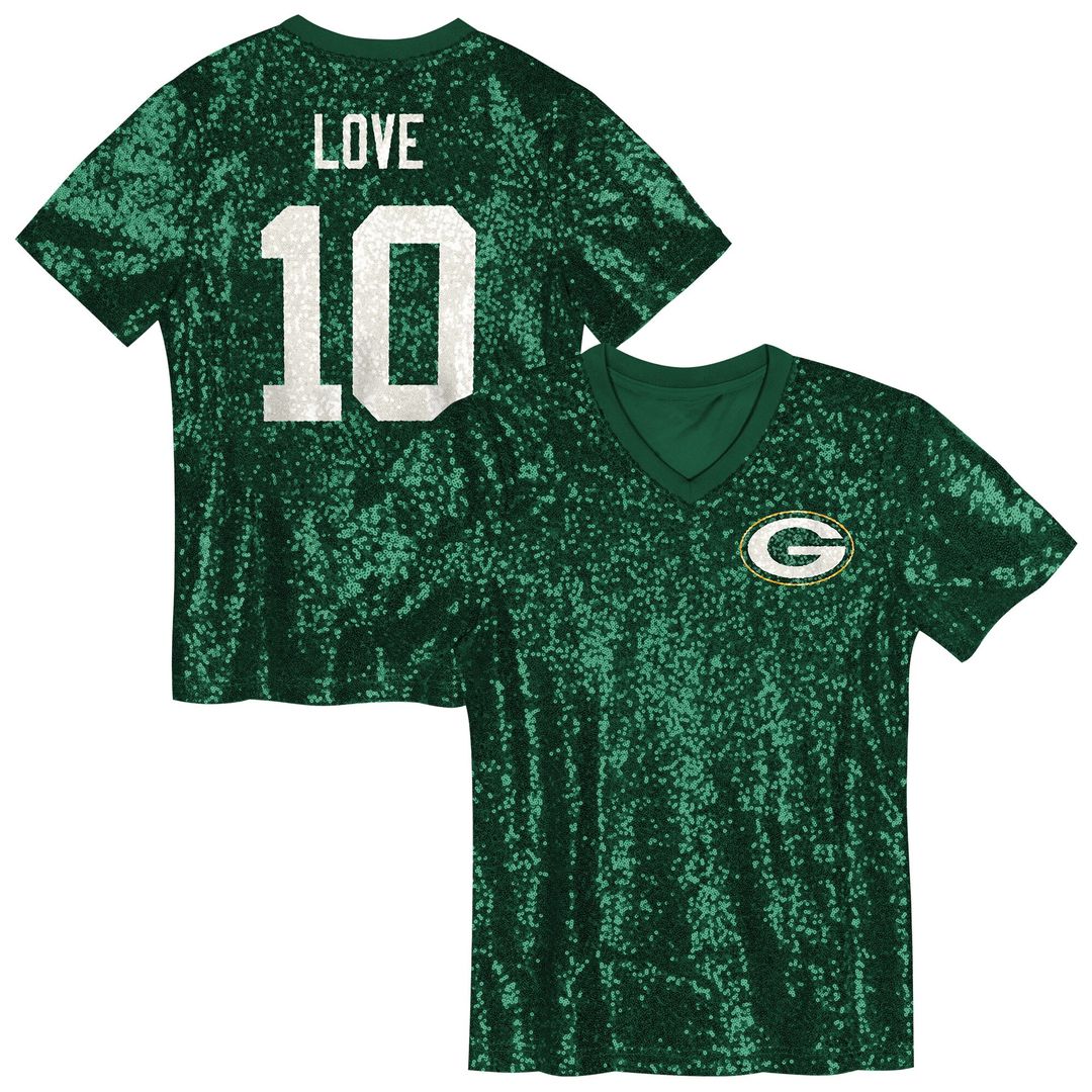 Jordan Love Green Bay Packers Girls Youth Sequin V-Neck Fashion Jersey - Green