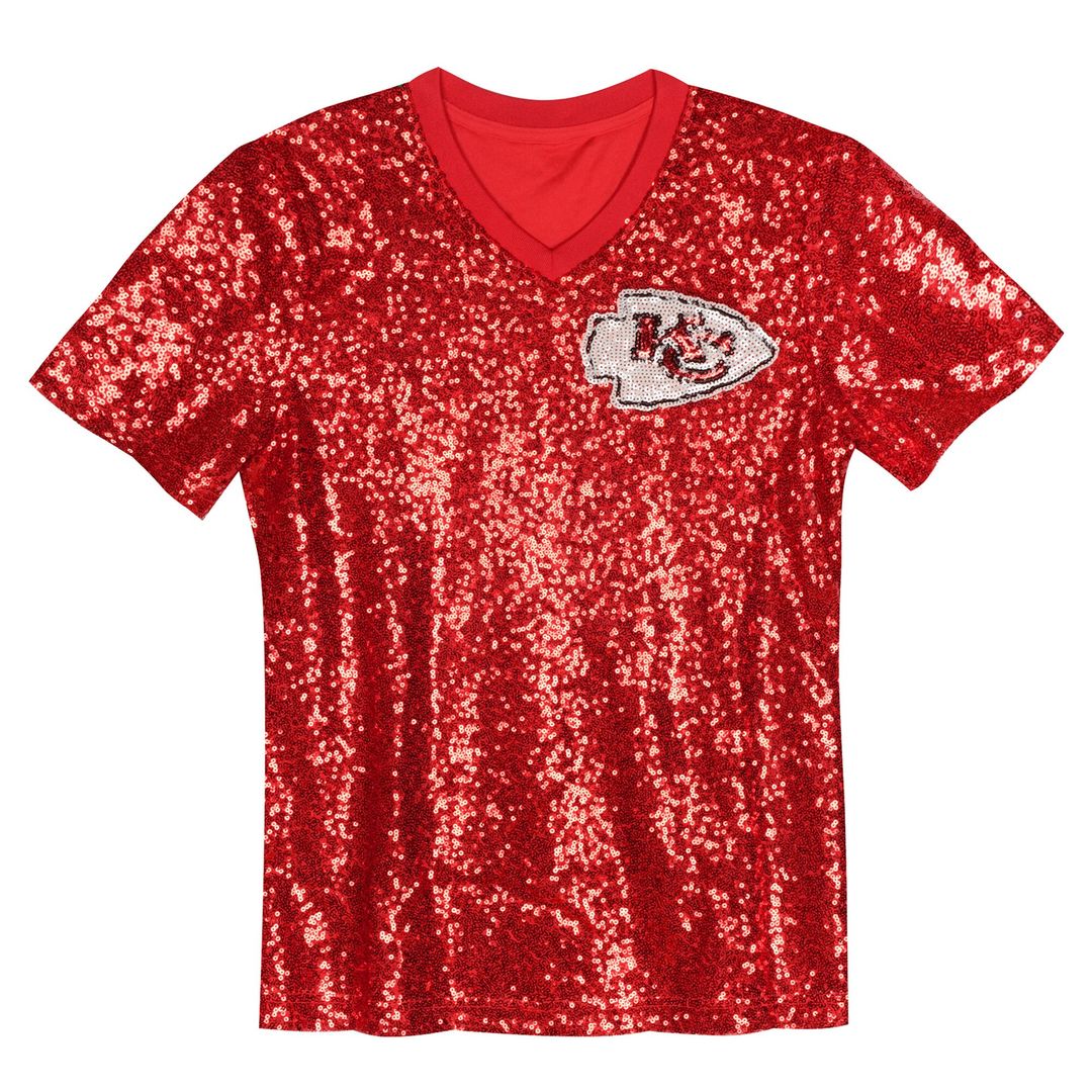 Travis Kelce Kansas City Chiefs Girls Youth Sequin V-Neck Fashion Jersey - Red